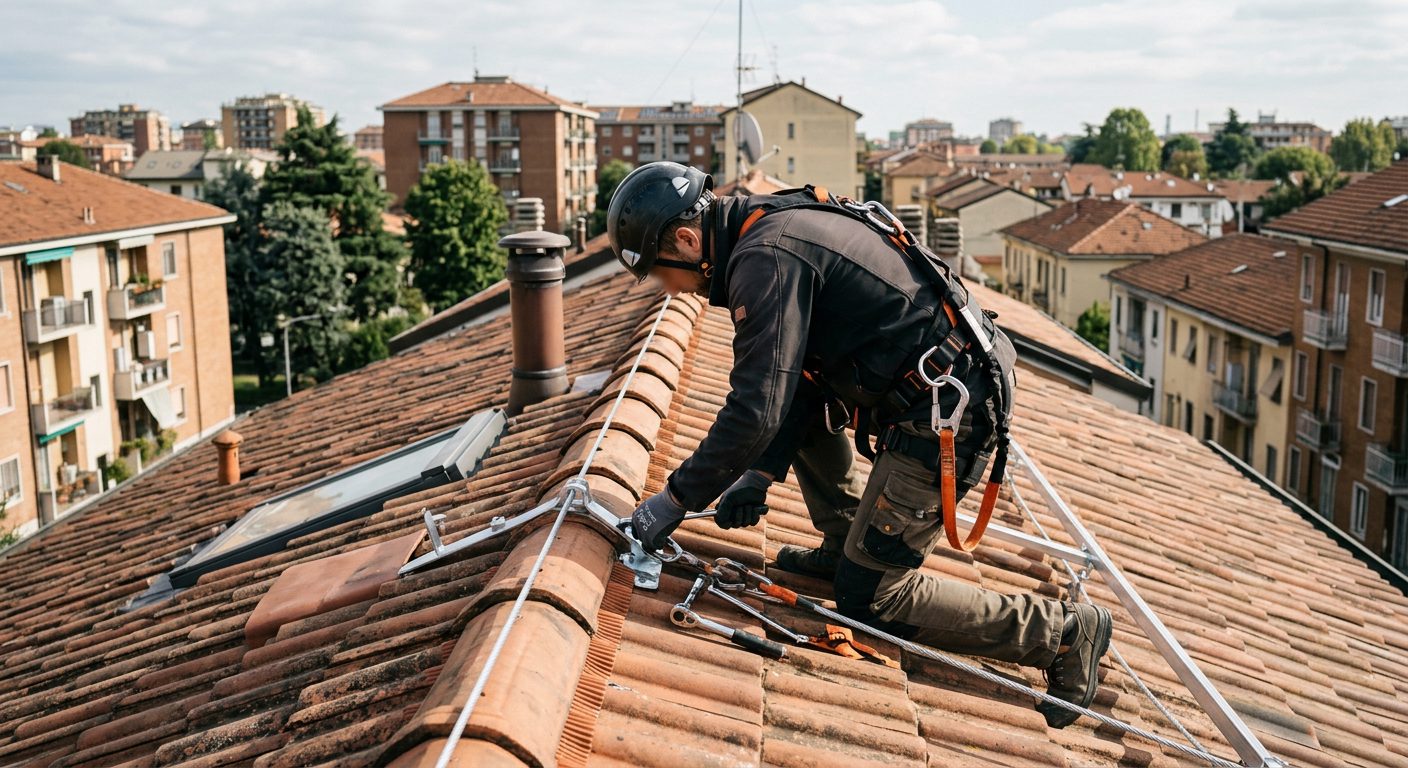 Installazione di una linea vita su una copertura a Milano