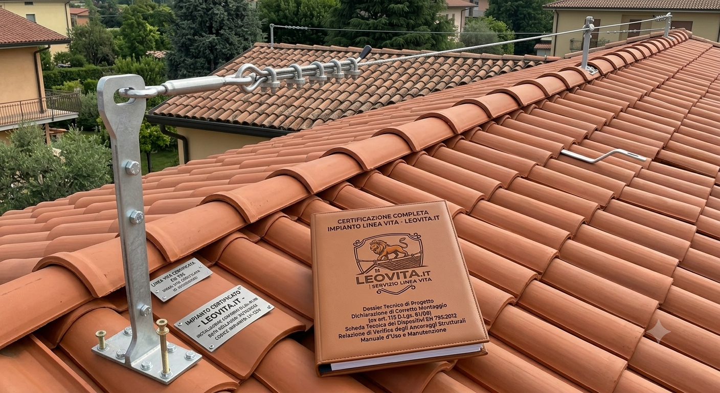 Installazione linea vita con certificazione Leovita.it su tetto con coppi